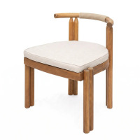 Ebern Designs Krystof Outdoor Armless Acacia Wood Dining Chair With Curved Backrests & Cushions, New in Box $499