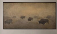SIGNLEADER Extra Large Wall Art Fabric Print - Buffalo Herd in Hazy Landscape Rustic Western Artwork Decor for Living Room or Bedroom - "Frame Assembly Required (Unfinished Frame)", 36" H x 72" W New In Box $299