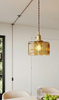 Mercer41 1-Light Amber Ribbed Glass Plug-In Pendant Light with Brass Finish New In Box $299