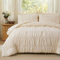 Chumerry 100% Cotton Ruched Comforter Set King Size, Elegant Ivory Shabby Chic Bedding, Luxurious Textured Ruffled Comforter Cover, 3 Piece Set New In Box $299