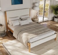 Ebern Designs Ardin Solid Wood Bed Frame With Cream Boucle Upholstered Headboard And Footboard Queen Size $1699