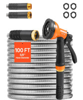 VEVOR Metal Garden Hose 100 ft, Rust Proof Stainless Steel Water Hose, Heavy Duty Backyard Hose with 10 Function Nozzle, No-Kink & Flexible Water Pipe, Lightweight Metal Hose for Yard, Outdoor New In Box $89