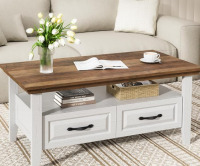 Amada Coffee Table Farmhouse with Storage &ndash; Modern Wood Coffee Table for Living Room, Featuring Open Display Shelf, Hidden Drawers, Robotic Vacuum-Friendly, Ideal for Home Office, Brown and White. new in box $499