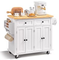 VEVOR Kitchen Island Cart with Solid Wood Top, 35.4" Width Mobile Carts with Storage Cabinet, Rolling Kitchen Table with Spice Rack, Towel Rack, and Drawer, Portable Islands on Wheels, White New in Box $299