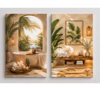 Bay Isle Home&trade; Large Set of 2 Tropical Bathroom Wall Art Boho Spa Palm Leaf Bathtub Watercolor Canvas Prints Relaxing Bathroom Decor 16x24 Inch Canvas Print - Ready to hang New In Box $199