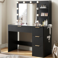 Willa Arlo Interiors 36" Black Makeup Vanity With Charging Station, 4 Drawers, 3 Shelves and Glass Top, New in Box $399