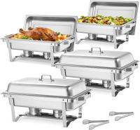 VEVOR Rectangle Chafing Dish, 9 Qt 4 Pack Stainless Steel Chafing Dish, Food Warmer Chafer Complete Set with Hollow Handle, 2 Food Tongs, Lid, Canister Holder, Chafer Dishes for Banquet Wedding New In Box $299