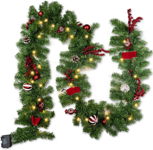 FUNPENY 9 FT Artificial Christmas Garland, Pre-Lit 50 LED Battery Operated Lighted Xmas Garland with 8 Modes for Indoor Holiday Door Home Decorations (Red) $79