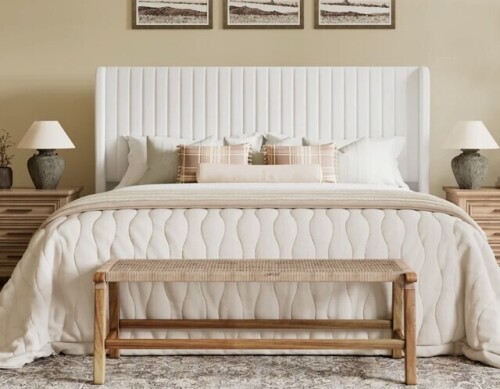 Willa Arlo Interiros Candler Velvet Upholstered Platform Bed with Wingback Headboard and Wooden Slats King Size in Beige New in Box $1099