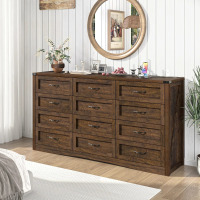 Wrought Studio 63" Wide Farmhouse Dresser with 12 Drawers, Vintage Wood Chest with Built-in Power Outlet, Brown, New in Box $499
