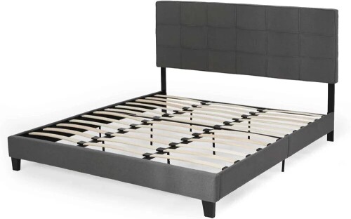King-Size Upholstered Platform Bed Frame with Contemporary Tufted Waffle Stitching, Easy Assembly, Charcoal Grey, New Open Box $599