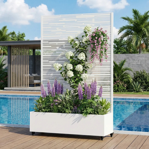 Arlmont & Co. Treytin Metal Planter Box with Trellis and Wheels, White, New in Box $399