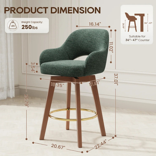 George Oliver Modern Swivel Bar Stool with Arms and Upholstered Fabric Seat, Green, New in Box $799