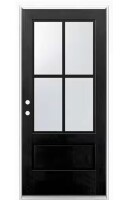 MP Doors 36 in. x 80 in. 3/4 Lite Right-Hand Inswing 4 lite SDL Frosted Glass Finished Black Fiberglass Prehung Front Door New Damaged Glass $1699