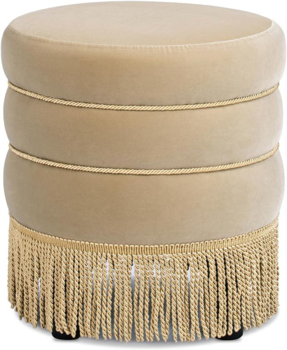 Jennifer Taylor Home Edward 17.5" Round Upholstered Ottoman with Bullion Fringe in Fawn Brown Performance Velvet New in Box $299