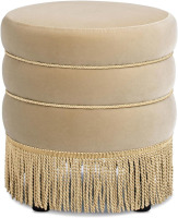 Jennifer Taylor Home Edward 17.5" Round Upholstered Ottoman with Bullion Fringe in Fawn Brown Performance Velvet New in Box $299
