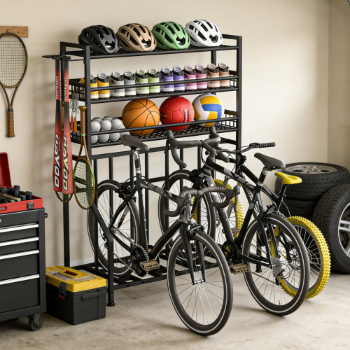 Latitude Run&reg; Black Freestanding Bike Rack & Garage Storage Organizer, 4 Bike Capacity with Mesh Basket & Hooks, Adjustable Foot Pads for Outdoor Yard & Garage New In Box $299