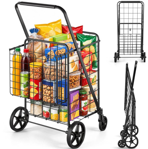 VEVOR Folding Shopping Cart, Jumbo Grocery Cart with Double Baskets, 360&deg; Swivel Wheels, Heavy Duty Utility Cart, 110 LBS Large Capacity Utility Cart for Laundry, Shopping, Grocery, Luggage New In Box $99