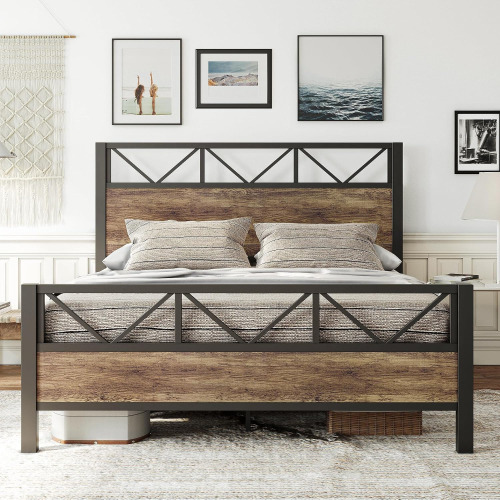 LIKIMIO Queen Bed Frame, Tall Industrial Headboard 51.2 ", Platform Bed Frame with Strong Metal Support, Solid and Stable, Noise Free, No Box Spring Needed, Easy Assembly, Rustic Maple New in Box $599
