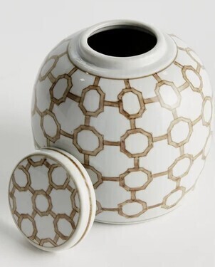 Red Barrel Studio&reg; Champagne Chine Ceramic Taupe and White Chinoiserie Link Lidded Jar new In Box $99