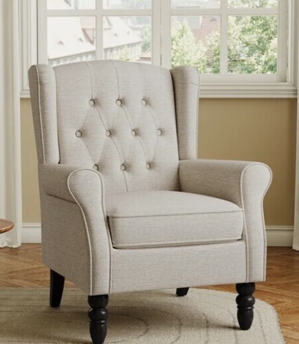 Charlton Home Duward Upholstered Beige Button Tufted Wingback Accent Chair with Rolled Arm and Thick Padded Cushion New in Box $699