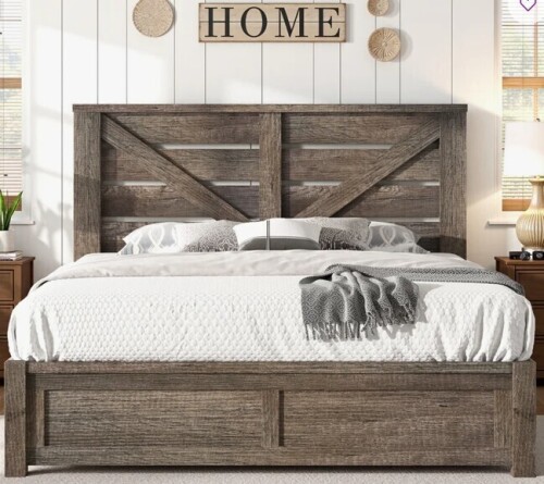 Trent Austin Design Tryston Farmhouse Queen Bed Frame with 49.2" Barn Door Headboard, Gray New in Box $599