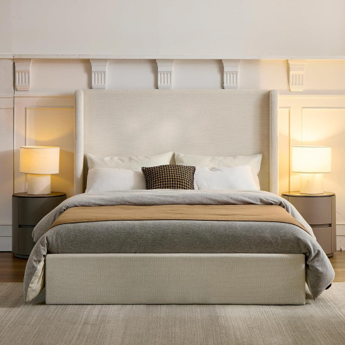 Ntyunrr King Size Upholstered Platform Bed Frame, 52.3" High Headboard Carmen Wingback Beds, Tall Headboard King Floor Bed Frames, No Box Spring Needed No Noise, Minimalist, Textured Ivory New in Box $699