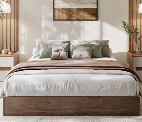 East Urban Home California King Size Platform Bed Frame Without Headboard, Wood Slat Support in Walnut New in Box $499