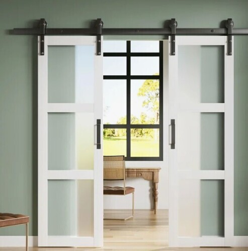 PorteReve 42'' X 84''H Double 3 Lite Tempered Frosted Glass Double French Interior Door Wide Opening By-Pass Sliding Barn Door With Hardware Kit New in Box $599