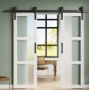 PorteReve 42'' X 84''H Double 3 Lite Tempered Frosted Glass Double French Interior Door Wide Opening By-Pass Sliding Barn Door With Hardware Kit New in Box $599