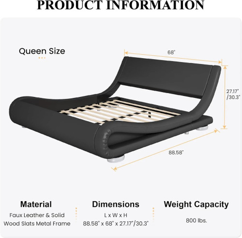 SHA CERLIN Queen Size Upholstered Bed Frame, Deluxe Low Profile Sleigh Bed, Black $799