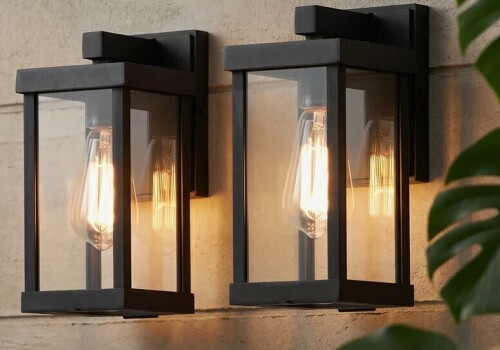 17 Stories Olar Classic 11.1'' H 1-Light Outdoor Wall Sconce, Black Rectangular Metal Frame with Clear Glass Shade, Waterproof (Set of 2) New In Box $199