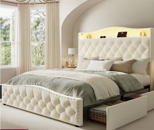 Ebern Designs Upholstered Queen Bed Frame with 4 Storage Drawers and 52.5" Tall Headboard, Platform Bed with Charging Station & LED Light, No Spring Box Needed New in Box $1099