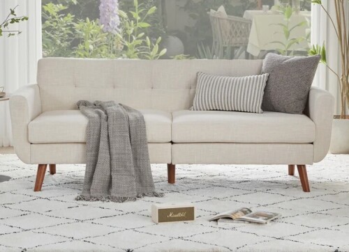 George Oliver 77.2" W Linen Sofa Couch, Mid Century Modern Decor Loveseat Couches For Living Room, Button Tufted Upholstered Small Couch For Bedroom New Shelf Pull $899