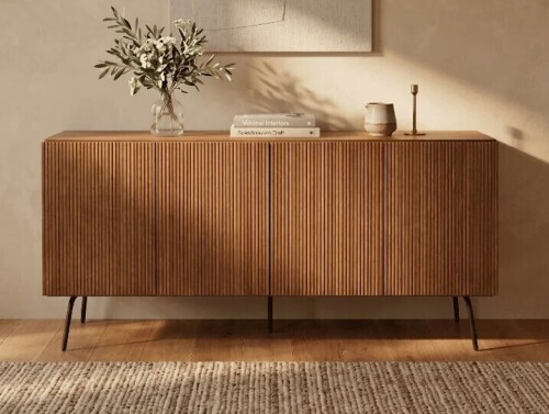 NTC Sideboard Drawers Buffet Cabinet with Groove Design and Metal Legs, Storage Cabinet for Living Room, Dining Room, and Entryway, Effortless Assembly in Rustic Oak New in Box $799