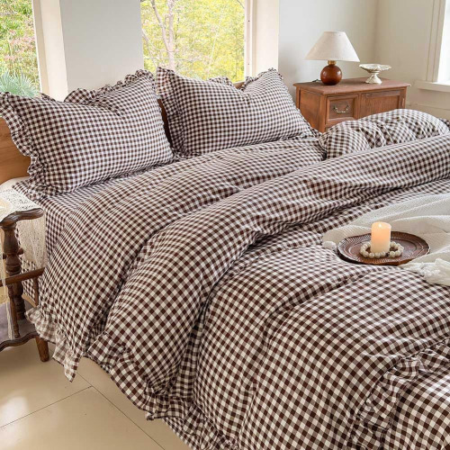 NSNLGSGC Queen Size 3-Piece Gingham Ruffled Duvet Cover Set, Pre-Washed Microfiber Ultra-Soft Plaid Checked Comforter Cover Set New In Box $199