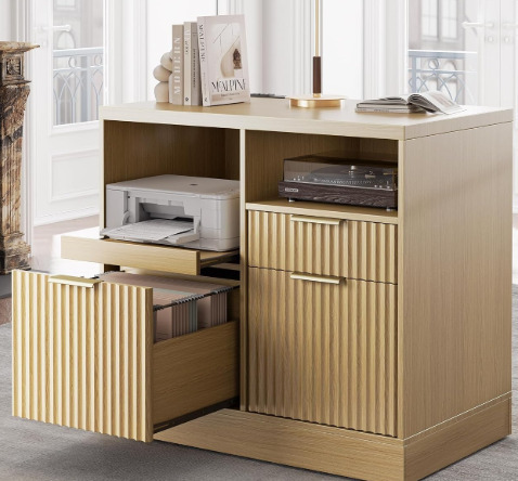 Perledesign 3 Drawer File Cabinet, Fluted Wood Lateral Filing Cabinet with Charging Station for Home Office, Fits for A4/Letter-Sized Files, Printer Stand with Open Storage Shelves, Light Walnut new in box $499