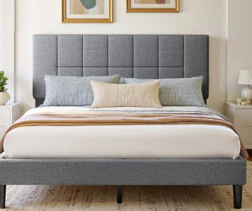 Marsail Upholstered Queen Bed Frame with Headboard, Modern Bed Frame, Gray $499