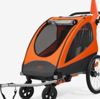 VEVOR Bike Trailer for Toddlers, Kids, Double Seat, 100 lbs Load, 2-In-1 Canopy Carrier Converts to Stroller, Tow Behind Foldable Child Bicycle Trailer with Universal Bicycle Coupler, Orange and Gray new in box $499