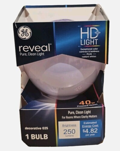 GE Reveal Vanity Globe Light Bulb, 40w, G25, 2500k, 265 Lumens, New In Box
