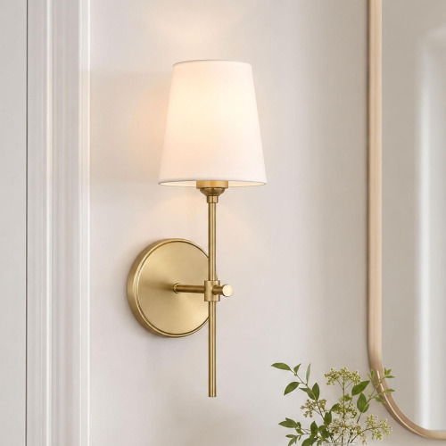 Generation Lighting Baker 1-Light Hardwired Wall Sconce in Satin Brass Damp-Rated Wall Sconce, Bathroom Vanity Light, or Bathroom Fixture with White Linen Shade for Powder Room or Covered Patio New In Box $199