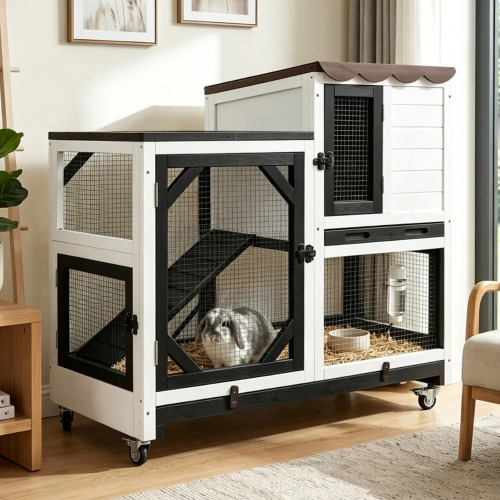 Archie & Oscar Rabbit Hutch Indoor Outdoor 2 Story Bunny House On Wheels Wood Rabbit Cage With 2 Pull Out Trays Guinea Pig Cage, Black/White, New in Box $299