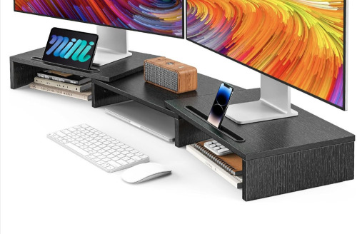 AMERIERGO Dual Monitor Stand Riser for Desk, Office Desk Organizer Stand Adjustable Length & Swivel Angle, Multifunctional Desktop Wooden Computer Monitor Stand for PC, Laptop, Printer, Black New In Box $79