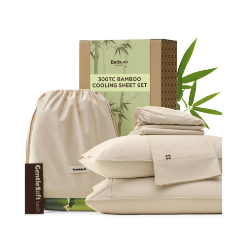 Bedsure Cooling Sheets, Rayon Derived from Bamboo & Cotton Blend, GentleSoft, Breathable, Queen Sheet Set, Deep Pocket Up to 18 Inches, Hotel Luxury Bedding for Hot Sleepers, Beige $79
