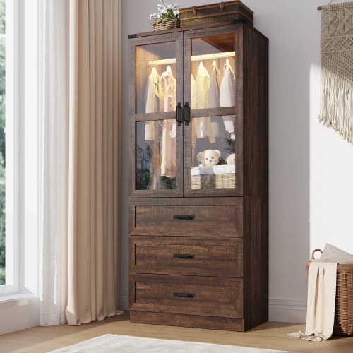 Wrought Studio Farmhouse 75"H Glass Door Armoire Wardrobe Closet With LED Light, Freestanding Closet Wardrobe Cabinet For Bedroom With Hanging Rod And 3 Drawers, New in Box $399
