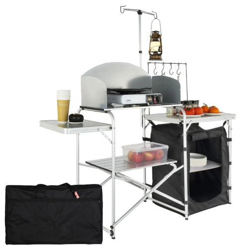 VEVOR Camping Kitchen Table, Folding Outdoor Cooking Table with Storage Carrying Bag, Aluminum Cook Station 1 Cupboard & Detachable Windscreen, Quick Set-up for Picnics, BBQ, RV Traveling, Black New In Box $299