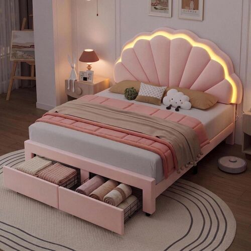 HIFIT Queen Upholstered LED Bed Frame with Petal Headboard & Storage, Pink Adjustable Headboard w/Double-Petal Style, Soft Velvet, 2 Large Drawers, Needn't Box Spring, Easy Assembly, No-Noise, Sturdy & Stable, New in Box $499