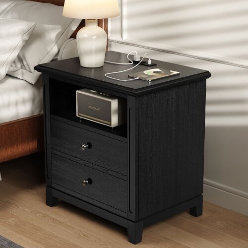 Lark Manor 2 Drawers Solid Wood Construction Nightstand With Storage and Open Shelf, Built-In 2 Power Outlets, 1 USB Port, And 1 Type C Port, New in Box $299