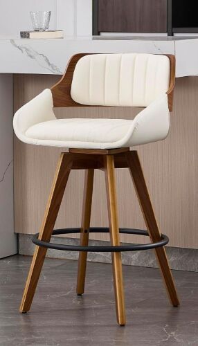 VipDesk 26" Swivel PU Leather Counter Height Bar Stool with Arms, Cream, Upholstered Barstoolswith Back, Walnut Kitchen Island Chair, Breakfast Bar Seating, Metal Footrest, Mid-Century Modern $399
