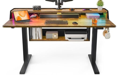 ErGear Electric Standing Desk, 55x28 Inch Adjustable Sit Stand Desk with Bookshelf & Monitor Stand, Standing Gaming Desk with LED Light Strip, Stand Up Desk for Home Office, in Black Similar to Picture New in box $499
